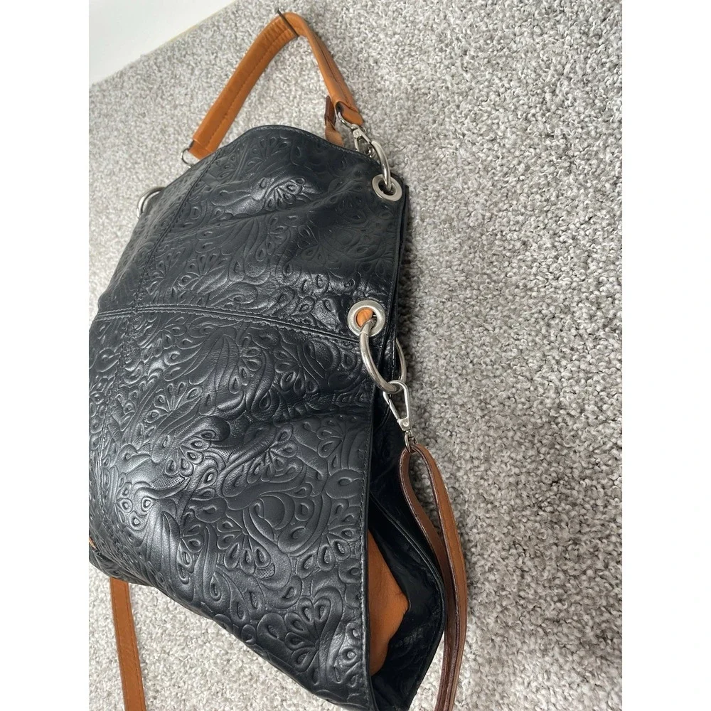 Made In Italy Genuine Leather Black Embossed Floral Hobo Shoulder Bag Purse